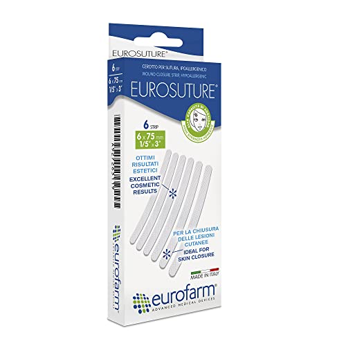 Eurosuture (mm 6 x mm 75) Tiras Estériles Para Sutura Cutánea, Adhesivo Hipoalergénico, Efecto Descolorado para un Mejor Resultado Cosmético. Paquete de 6 Unidades