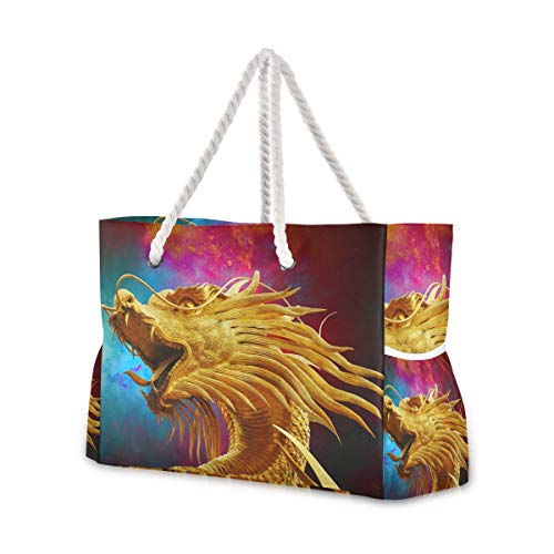 FANTAZIO bolsa de playa con diseño de dragón dorado aullando