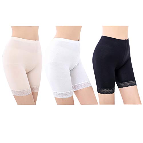 FEPITO 3 Pares de Mujeres Debajo de la Falda Pantalones Cortos Pantalones de Seguridad Suave Encaje Encaje Ajuste Leggings Pantalones Cortos de Yoga Plus (Black+White+Skin, L