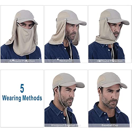 Fishing Hat Summer UPF 50 UV Protection Outdoor Hiking Jungle Mountain Sun Mens Quick Dry Baseball Cap Face Neck Cover Flap Waterproof Breathable caps Flap Hats for Men Women New Unisex Autumn Khaki