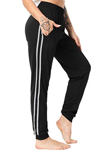 FITTOO Pantalon Chandal Mujer Largos Pantalones Deporte Yoga Fitness Jogger Pantalones Rayas Negro-Tira Fluorescente M