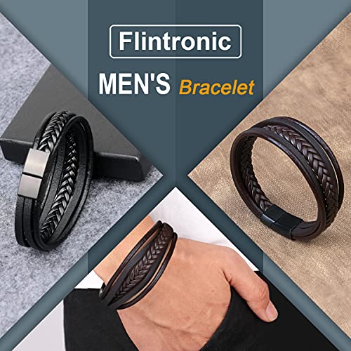 flintronic® Pulsera Hombre, Cuero Brazalete Trenzado Cruzada, Pulsera Cuero Trenzado Hombre, Acero Pulsera Trenzada con Cierre Magnética Inoxidable - Negro