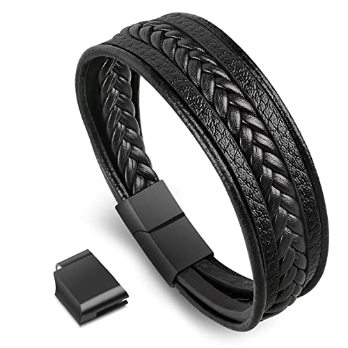 flintronic® Pulsera Hombre, Cuero Brazalete Trenzado Cruzada, Pulsera Cuero Trenzado Hombre, Acero Pulsera Trenzada con Cierre Magnética Inoxidable - Negro