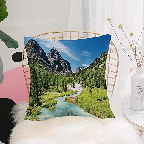 Funda de Cojín duradero Fundas de Almohada Decorativa,Bosque de pinos de Altai, Bosque lluvioso Río Montañas Rocosas Snenery Siberia Whitewater Dec,Funda de Cojín con Cremallera Invisible 45 x 45 cm