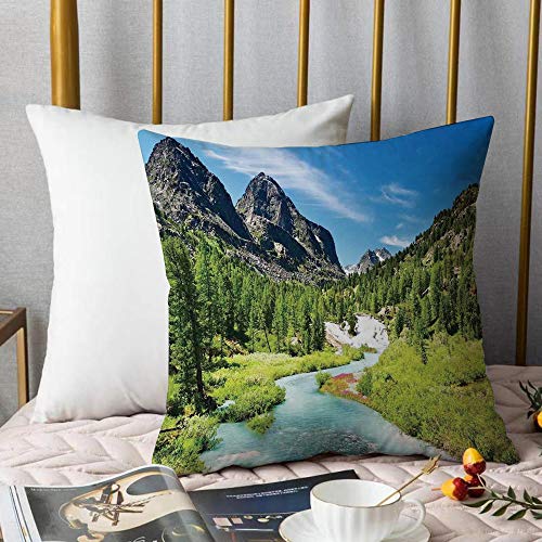 Funda De Cojine Funda de Almohada,Bosque de pinos de Altai, Bosque lluvioso Río Montañas Rocosas Snenery Siberia Whitewater ,Fundas de Cojín con Cremallera - Fundas de Almohada para Sofá y Cama45x45cm