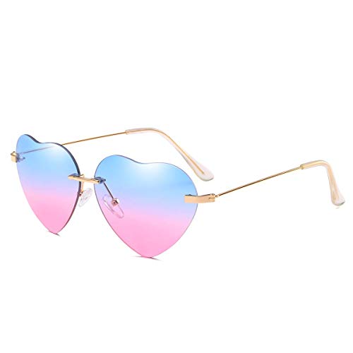 Gafas de sol con forma de corazón para mujer sin montura marco de metal delgadas gafas de sol en forma de corazón UV400, (Azul y rosa.), Convient à toutes les formois de visage