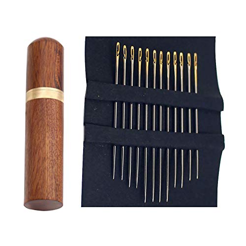 GCDN 12 Piezas de Agujas de Coser de enhebrado automático con Estuche de Agujas de Coser de Madera, Agujas de Coser, Herramientas de Tejer a Mano, Aguja de Coser de Cuero, Accesorios de Costura