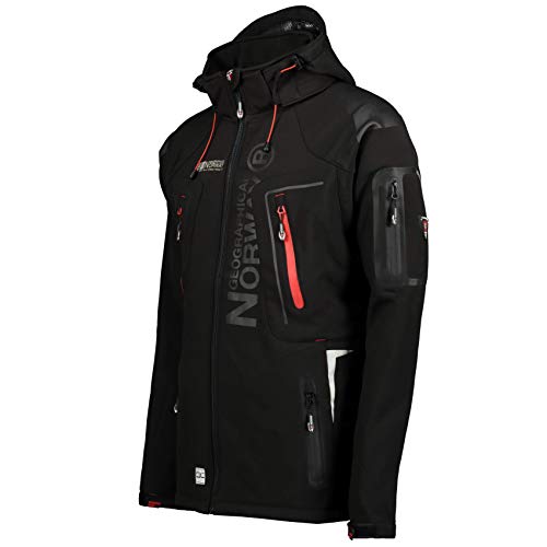 Geographical Norway Techno Men Distribrands - Chaqueta Softshell Impermeable Hombres - Capucha Hombre Transpirable Exteriores - Chaqueta Invierno Viento (Negro / Rojo XL)