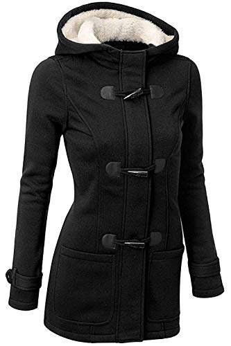 GHYUGR Abrigos con Horn Botones Mujer Invierno Elegantes Slim Chaqueta con Capucha Lana Capa Jacket Sudadera Pullover Outwear Parka,Negro,M