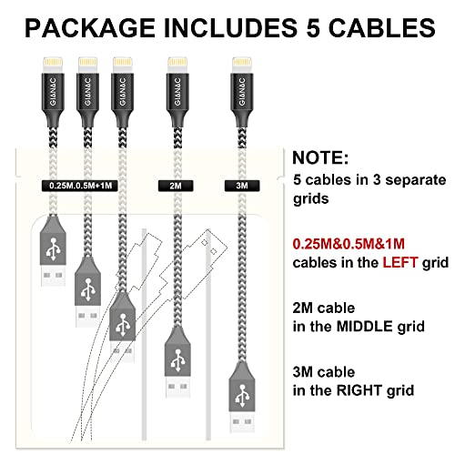 GIANAC Cable Cargador iPhone, [5Pack 0.25M 0.5M 1M 2M 3M] MFI Cable Lightning Carga Rápida Trenzado de Nylon Cargador iPhone Compatible con Apple iPhone 11 XS MAX XR X 8 Plus 7 Plus 6S 6 Plus