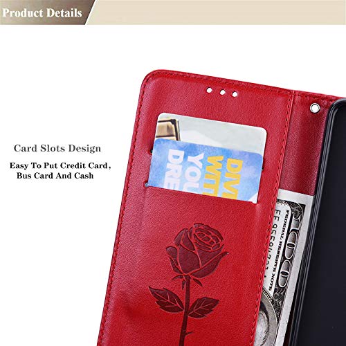 GOKEN Funda para Huawei Nova 8i / Honor 50 Lite Funda, Leather Folio Carcasa con Billetera, Flor Rosa 3D, Magnética Premium TPU/PU Cuero FILP Case Cover con Soporte/Tapa Tarjetas, Rojo