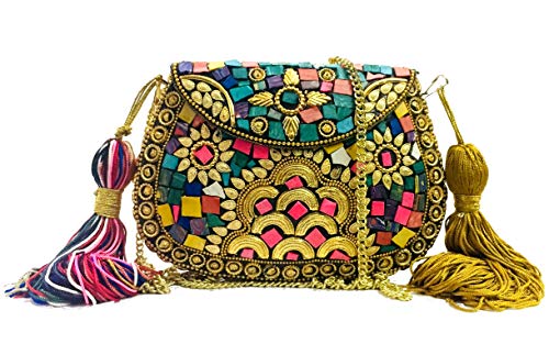 Golden Indian étnico vintage metal bolsa de metal mosaico embrague Monedero bolso de fiesta para mujeres Boda caja de la borla de embrague