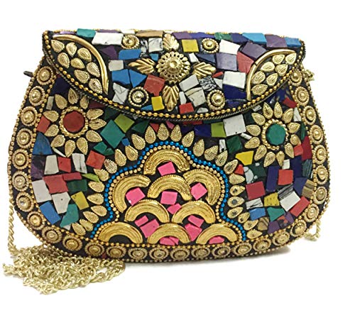 Golden Indian étnico vintage metal bolsa de metal mosaico embrague Monedero bolso de fiesta para mujeres Boda caja de la borla de embrague