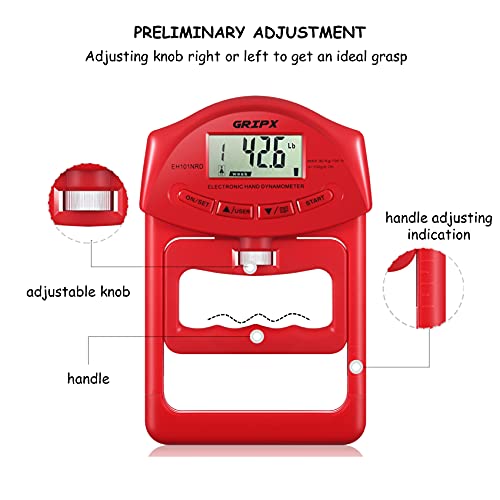 GRIPX Medidor de medición digital de mano con dinamómetro de fuerza de agarre, medidor de medición de captura automática electrónica, agarre de mano de 90 kg, color rojo