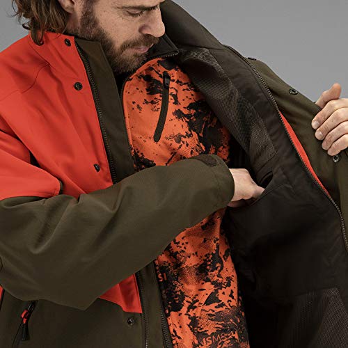 Härkila Wildboar Pro - Chaqueta impermeable de caza para hombre, color naranja con membrana Gore-Tex, todo el año, Drückjagd, Hombre, color Naranja y verde salvaje., tamaño 48