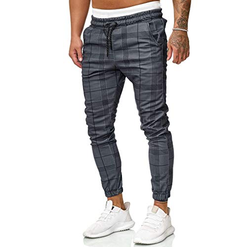 Heetey - Pantalones Largos de Deporte para Hombre, Corte Estrecho, con cordón a Cuadros, para Correr, para Actividades al Aire Libre Gris Oscuro M