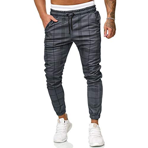 Heetey - Pantalones Largos de Deporte para Hombre, Corte Estrecho, con cordón a Cuadros, para Correr, para Actividades al Aire Libre Gris Oscuro M