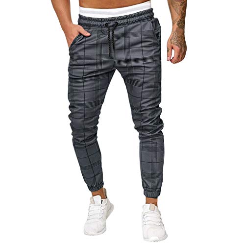 Heetey - Pantalones Largos de Deporte para Hombre, Corte Estrecho, con cordón a Cuadros, para Correr, para Actividades al Aire Libre Gris Oscuro M