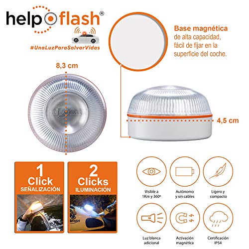 HELP FLASH PK2678 2X luz Emergencia AUTÓNOMA, señal preseñalización Peligro+Linterna, homologada, normativa DGT, V16, Base imantada, activación AUTOMÁTICA, y de Regalo, Caja Kit Primeros Auxilios