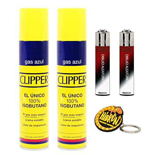 HIBRON 2 Mecheros Clipper + 2 Botellas Gas Azul 300 ml + 1 Llavero Camaleon, Gas Sirve para Recargar Soplete de Cocina.