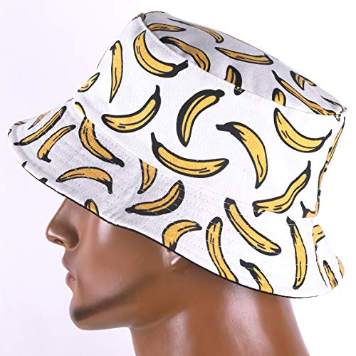 Hombres Verano Reversible Cubo Sombreros - Mujer Funky Fruta Impresión Pescador Plegable Cubeta Gorra (Plátano-Blanco)