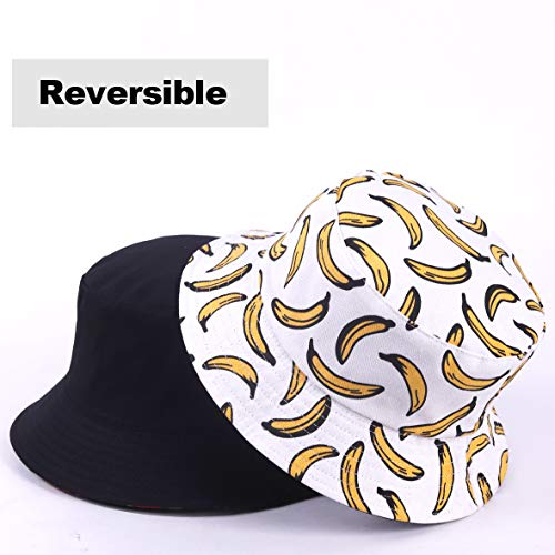 Hombres Verano Reversible Cubo Sombreros - Mujer Funky Fruta Impresión Pescador Plegable Cubeta Gorra (Plátano-Blanco)