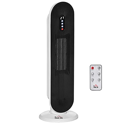 HOMCOM Calefactor Cerámico de Torre 1200W/2000W con Mando a Distancia Termostato Temporizador de 24H y Sistema Antivuelco para Sala de 20 m² 21x21x63,5 cm Blanco y Negro