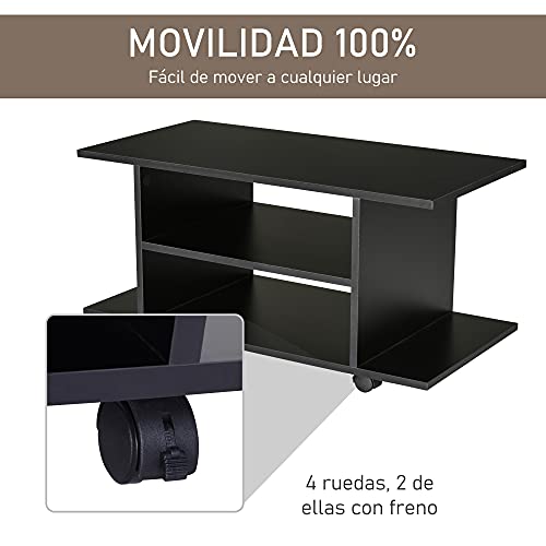 HOMCOM Mueble para Televisión Mesa para TV con Estantes y Ruedas con Bloqueo Superficie de Melamina 80x40x40 cm Negro