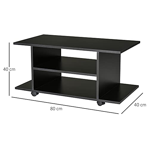 HOMCOM Mueble para Televisión Mesa para TV con Estantes y Ruedas con Bloqueo Superficie de Melamina 80x40x40 cm Negro