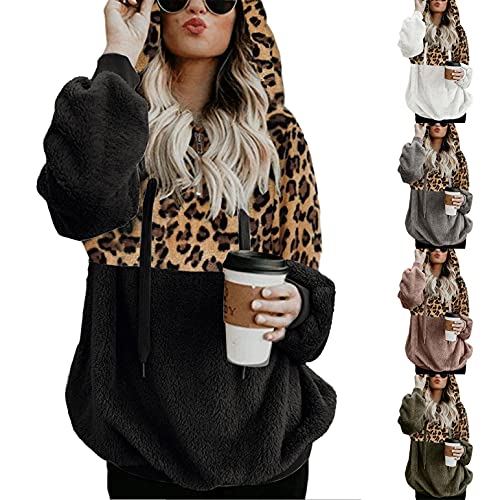 Hoodie Mujer Sudadera Caliente y Esponjoso Half-Zip Sudadera de Lana Sudadera con Estampado de Leopardo Costuras Hoodies for Women Cordón Ajustable Abrigos Mujer Rebajas 5 Colors Grandes S-5xl