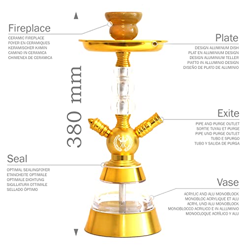 HOOKKING Cachimba Shisha elegante diseño de cachimba en aluminio y acrílico de calidad 38cm Tubo negro chimenea y placa (DORADO)