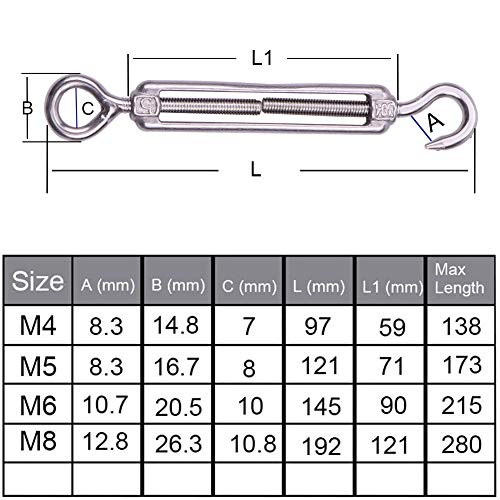 Houdao 5pcs tensor de alambre de acero inoxidable M6 ajustable gancho y cuerda de ojo cable de tensión Set para alambre de jardín/cuerda de escalada/alambre de imagen/alambre de acero/cadena