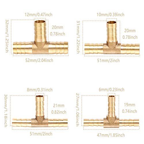 Huayue 8Pcs Conector de Manguera en T 6/8/10/12mm, Conector de Púas Conector de Manguera de Gas Conector 3 Vías en T Latón para Manguera Agua Gas Combustible Aire (6/8/10/12mm)