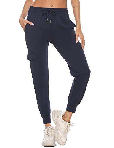 iClosam Pantalón Chándal Mujer Largos Pantalones Mujer con Bolsillos Algodón Pantalones Deportivos Comodo y Transpirable para Jogger Yoga Fitness Correr Azul XL