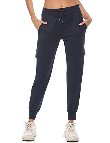 iClosam Pantalón Chándal Mujer Largos Pantalones Mujer con Bolsillos Algodón Pantalones Deportivos Comodo y Transpirable para Jogger Yoga Fitness Correr Azul S