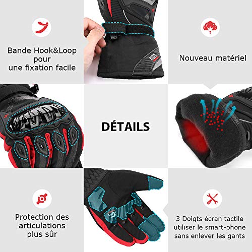 ISSYZONE - Guantes de moto de invierno homologados CE con tres dedos, pantalla táctil impermeable, protección ligera y cálida con 3 m Thinsulate C100 para moto, bicicleta de montaña, rojo, XXL