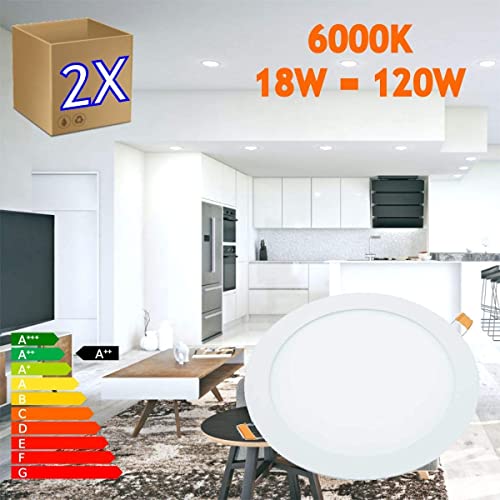 JANDEI - 2x Downlight LED 18W Redondo, Plano De Empotrar Aluminio Aro Blanco Mate Blanca Fría 6000K(equivalente a 140W), Para Hueco De 200-205mm Blanco Medida 220mm