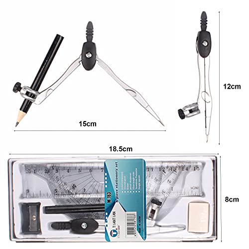 JeoPoom Set de Geometría[8 Piezas], Compas Dibujo Tecnico Set de Geometría, Incluye Compas, Regla, Cartabón, Transportador de Angulos, Lápiz, Borrador, Sacapuntas, Compás Set para Escuela y Oficina