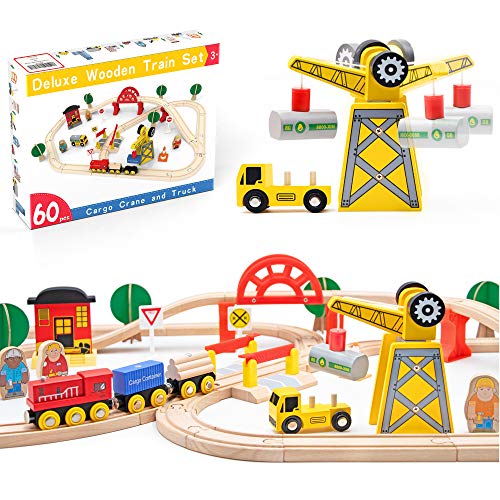 Juego de trenes de juguete de 60 piezas - Grúa y vías de madera y trenes exclusivos - Se adapta a Thomas, Brio, Chuggington, Melissa y Doug - Juguetes para niños para niñas y niños de más de 3 años