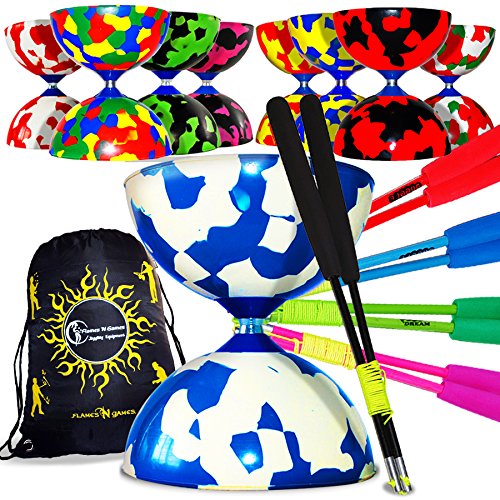 Juggle Dream Jester Diabolo con Palos de Carbono, Diablo Cuerda y Flames N Games Bolsa de Viaje (Azul/Blanco + Negro Palos)