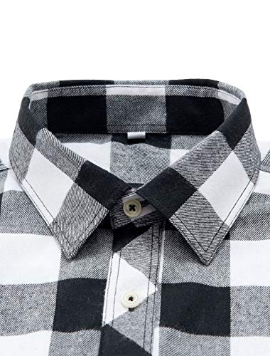 J.VER Camisas Hombres Franela Camisas Casual a Cuadros Manga Larga Algodon Brushed Calentita Camisa Leñador Invierno Cálida Regular Fit Blanco & Negro XL