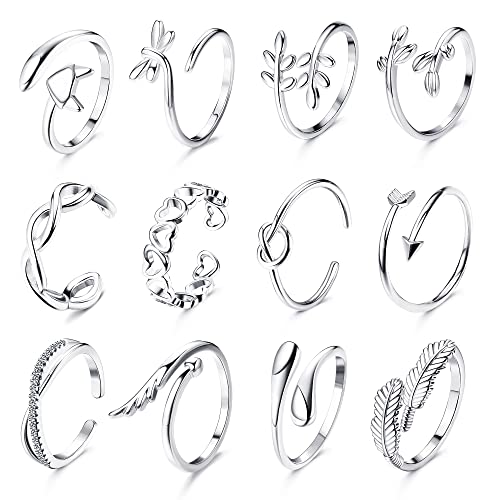 KALVICA 12 Piezas Juego de Anillos Abiertos de Plata para Mujeres Niñas Anillos de Dedo Ajustables Anillos Abierto de Nudo de Pie Anillos de Cola de Articulación Apilables Joyería de Playa