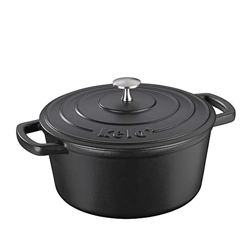 kela 12471 Asador con tapa, Hierro fundido, Revestimiento esmaltado, Gran retención del calor, Apto para inducción, 4 L, Negro, Redondo, Calido