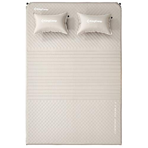 KingCamp Colchón de Cama de Camping autoinflable Doble Diseño cómodo de Tres Secciones con Almohada 198 x 130 x 4 cm (Beige)