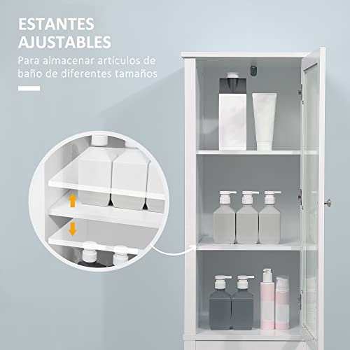 kleankin Armario Alto para Baño Mueble Columna de Baño con 1 Puerta de Cristal Estantes Ajustables y 2 Cajones Multiusos para Salón Cocina 43x35x160 cm Blanco