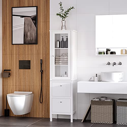 kleankin Armario Alto para Baño Mueble Columna de Baño con 1 Puerta de Cristal Estantes Ajustables y 2 Cajones Multiusos para Salón Cocina 43x35x160 cm Blanco