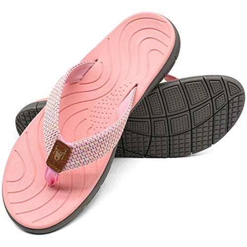 KuaiLu Chanclas Mujer Verano Playa Piscina Cuero y Tela Flip Flops Señoras Comodas Piel Planas Caminar Sandalias De Dedo Antideslizante Yoga-Espuma Chancletas Rosa 40