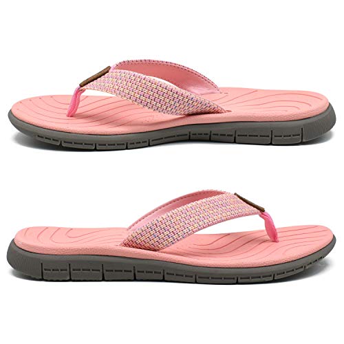 KuaiLu Chanclas Mujer Verano Playa Piscina Cuero y Tela Flip Flops Señoras Comodas Piel Planas Caminar Sandalias De Dedo Antideslizante Yoga-Espuma Chancletas Rosa 40