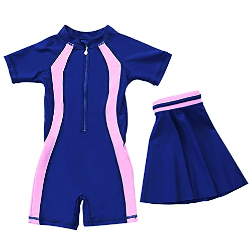 L PATTERN Bañador Natacion Niña con Falda, Protector Solar de Playa, Traje de Baño para Niñas de Media Manga, Traje de Neopreno, Bikini para Niñas para Piscina, Azul Marino, 10-11 Años