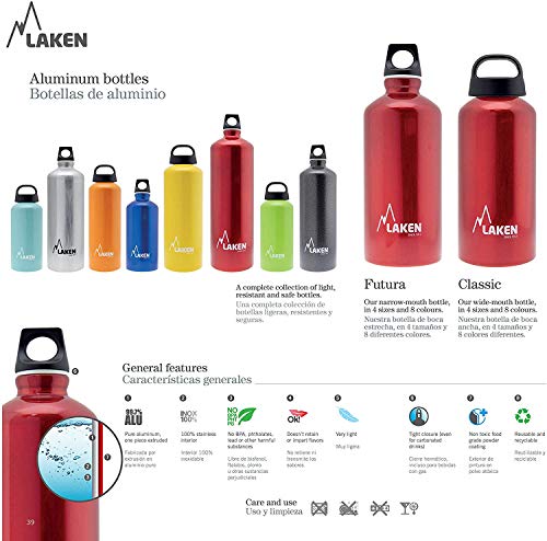 Laken Futura Botella de Agua, Cantimplora de Aluminio Boca Estrecha 1L, Azul Claro